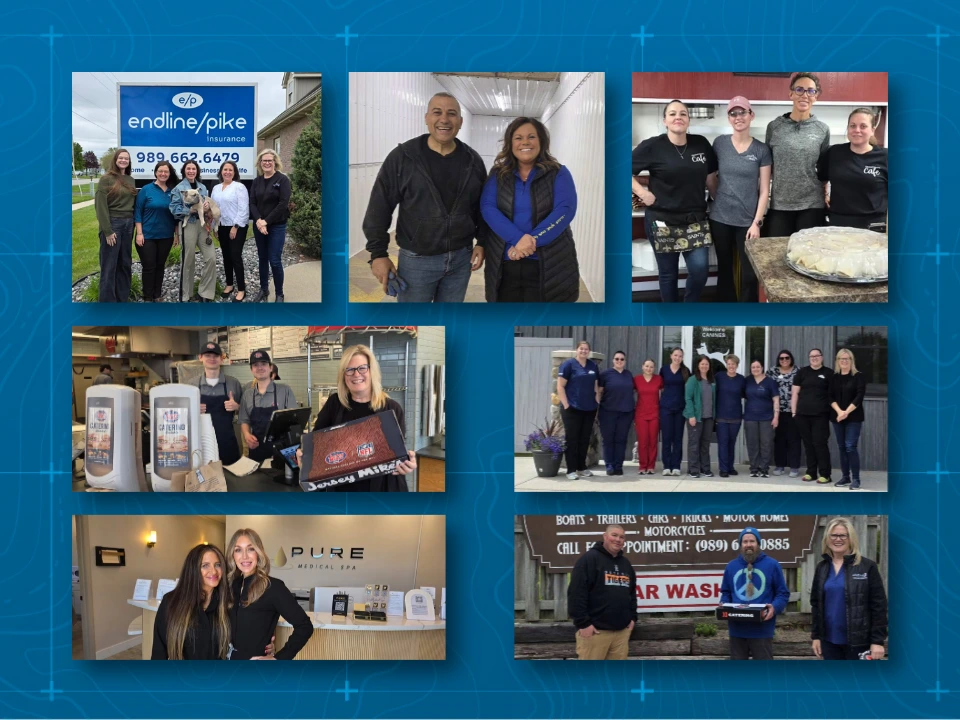 Angela and Ann posing with local businesses with gifts for small business month.