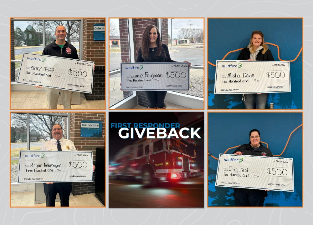 All five recipients for First Responder Giveback stand holding up $500 checks from Wildfire.