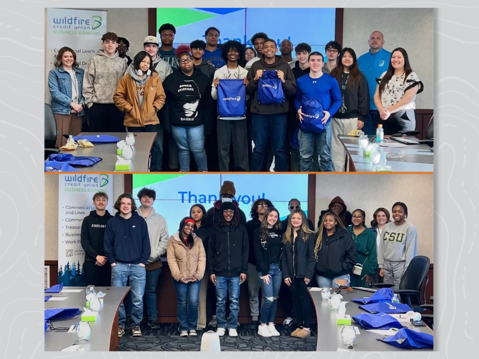 Students from Saginaw Career Complex take a photo together in Wildfire boardroom.