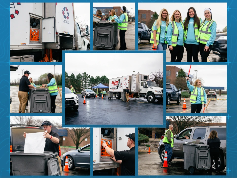 Collage of Wildfire employees and Shred Experts work to help members shred documents.
