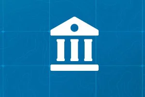 Bank building icon with three pillars on a blue background.