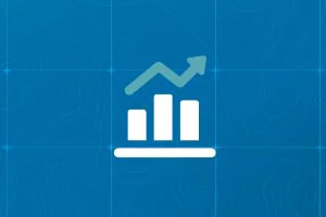 Bar chart with upward arrow icon on blue background.