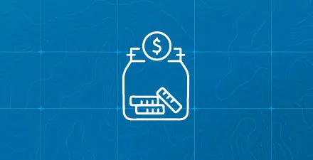 Jar filled with coins and a dollar sign digital icon on blue background.