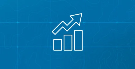 White upward-trending bar chart with arrow on a blue background featuring subtle topographic map lines.