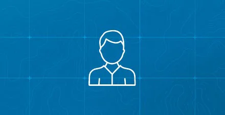 Digital icon outline of a person figure on a blue grid background.