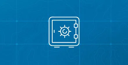 A white digital icon of a safe with lock in the center on a blue background.