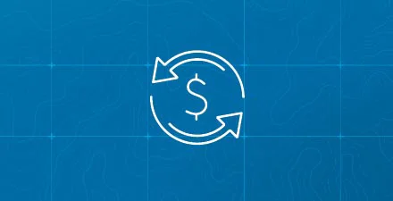 Rotating arrow icon that goes around money symbol on a blue background.