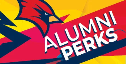 Alumni Perks logo with red cardinal head on vibrant yellow and pink background.