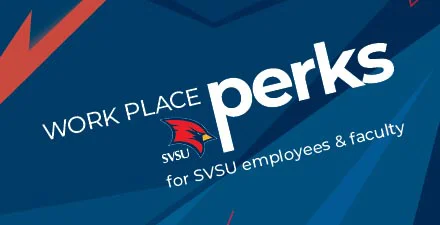 Work Place Perks for SVSU employees and faculty with SVSU cardinal logo on blue background.