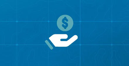 Hand holding a dollar coin icon on a blue background, symbolizing giving or donations.
