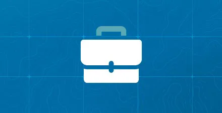 White briefcase digital icon on a blue background.