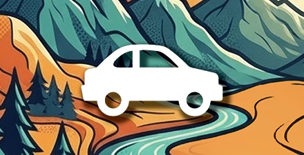 White animated car with orange and blue topo, mountians, and pine trees in background.