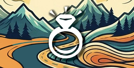 White animated ring sparkling with orange and blue topo, mountians, and pine trees in background.