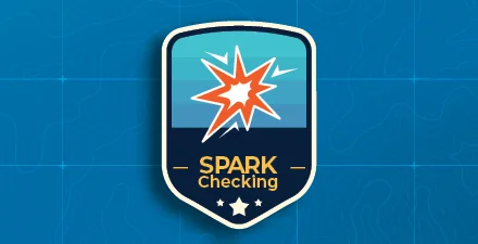 Badge icon with Spark Checking and animated exploding star graphic on blue grid background.