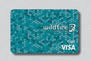 Teal hexagon pattern option for Wildfire Credit Union Visa debit card on gray topo background..
