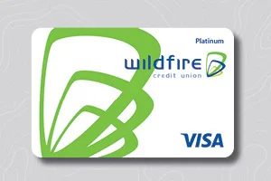 White Visa credit card with light green Wildfire flutter with gray textured background.