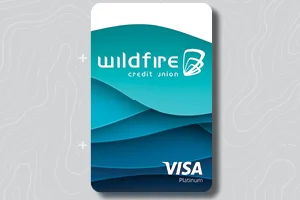 Wildfire Credit Union Visa Credit Card Lakeshore design on gray topo background.