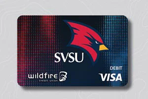 Saginaw Valley State University themed Wildfire Visa debit card with cardinal logo.