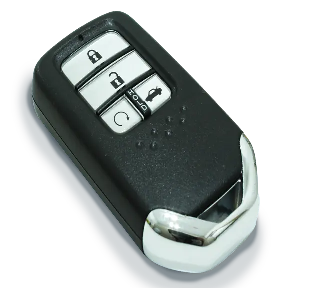 Black car key fob with lock, unlock, remote start, and trunk buttons on a white background.