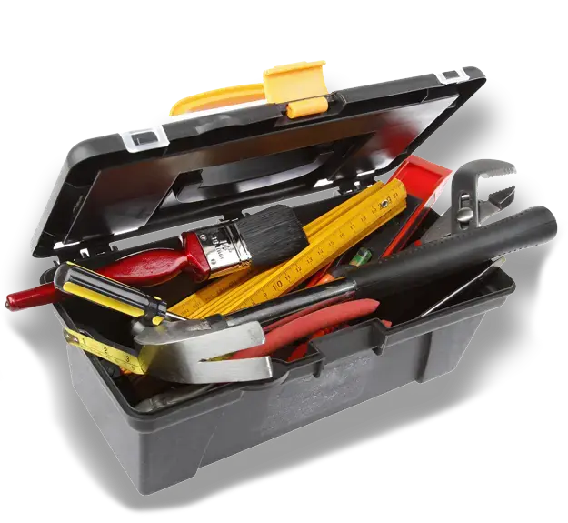 Full open handheld toolbox filled with numerous tools and overflowing.