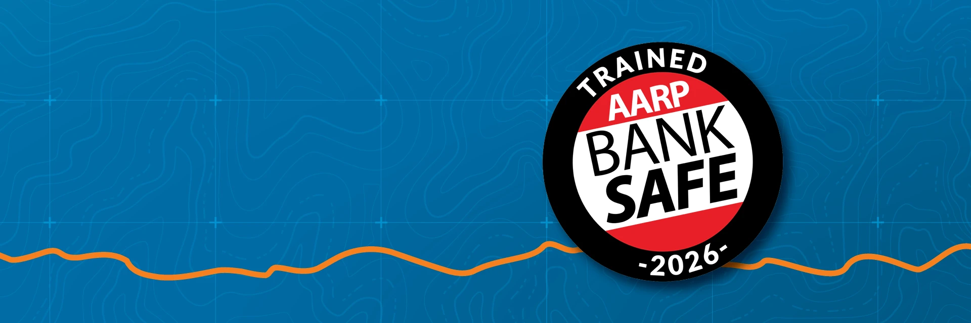 AARP Bank Safe logo for 2026 on blue grid background with orange trail.