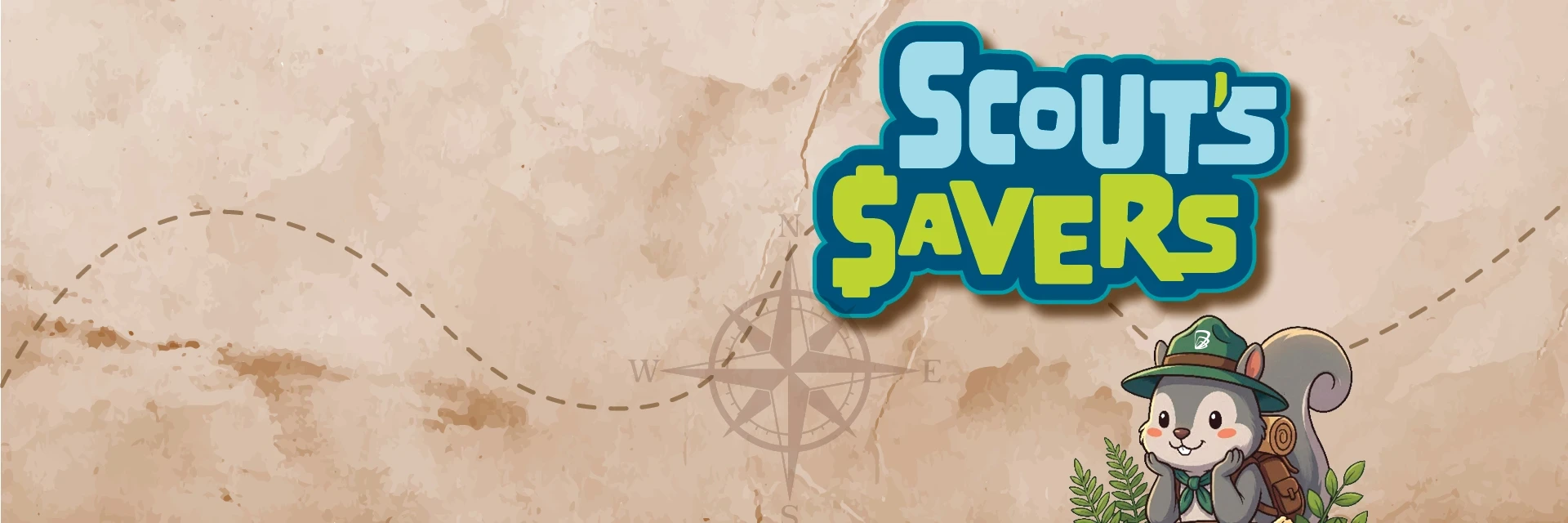Scout the squirrel smiling with Scout's Savers graphic on tan trail map background.