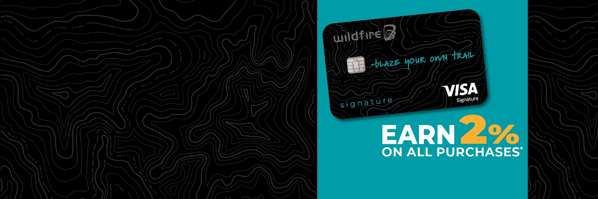 Signature credit card on a teal and black topo background and 2% on purchases.