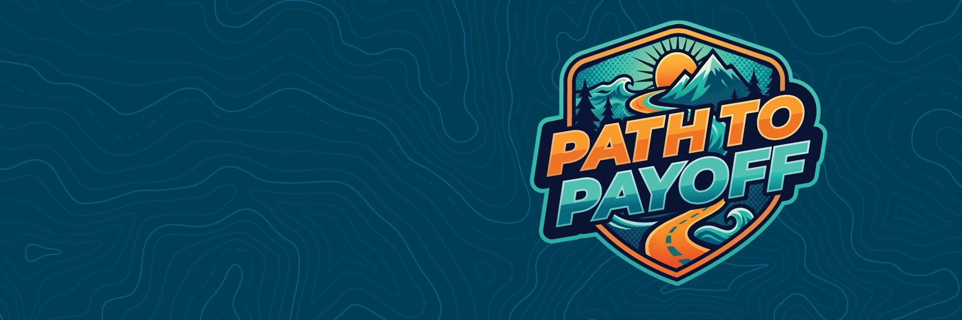 Navy topo background with the Path to Payoff badge with mountains and road in orange and teal.