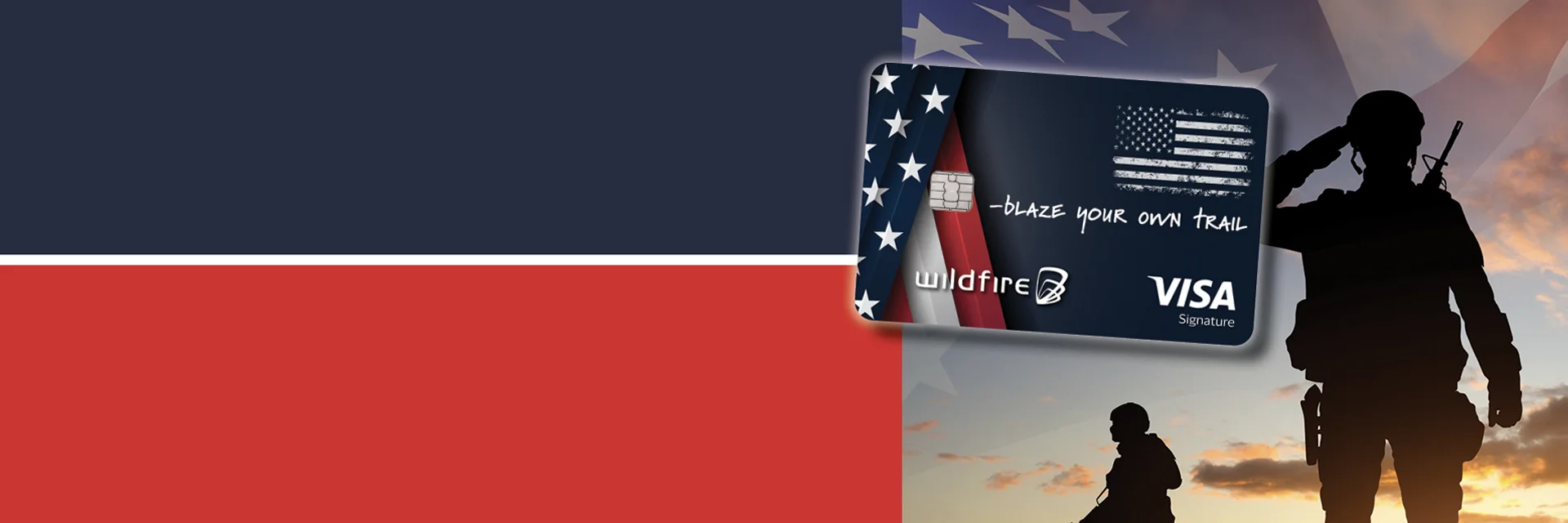 Patriotic background with soldier next to new patriotic and military debit card image.