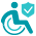 Man in wheelchair icon with checkbox shield next to it.
