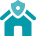 Digital teal icon of a house with a shield above it.