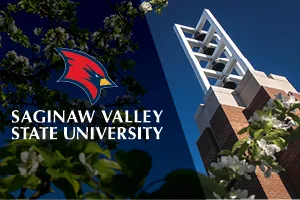 Saginaw Valley State University logo with bell tower ground photo.