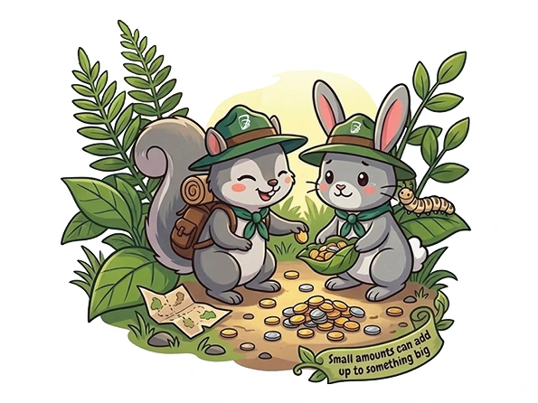 Scout the squirrel helping her friend the rabbit collect coins.