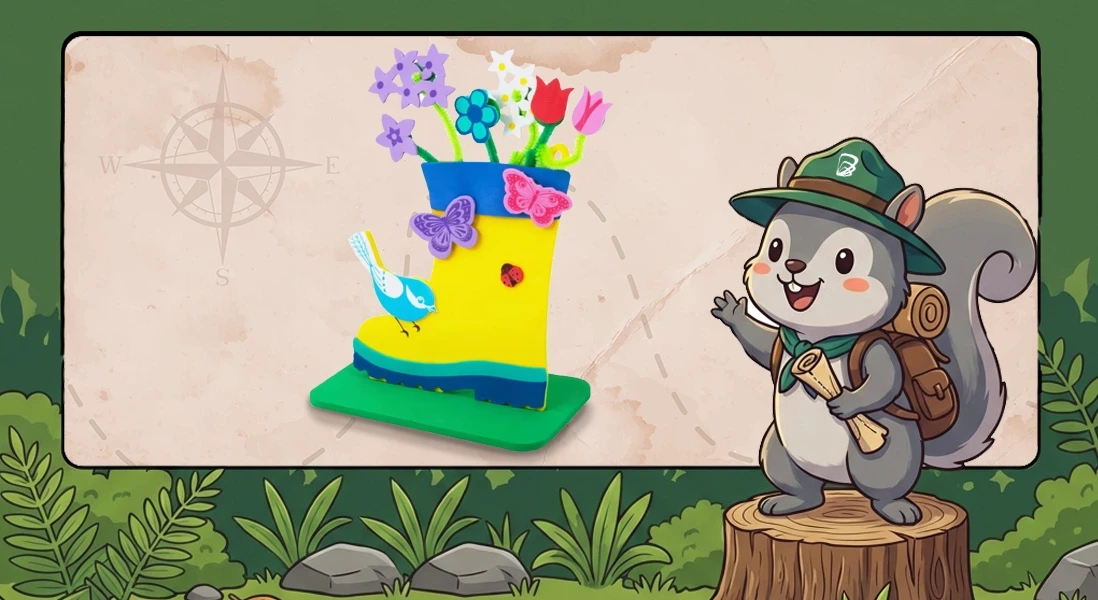 Scout showing off the monthly prize of flower toy boot for April.