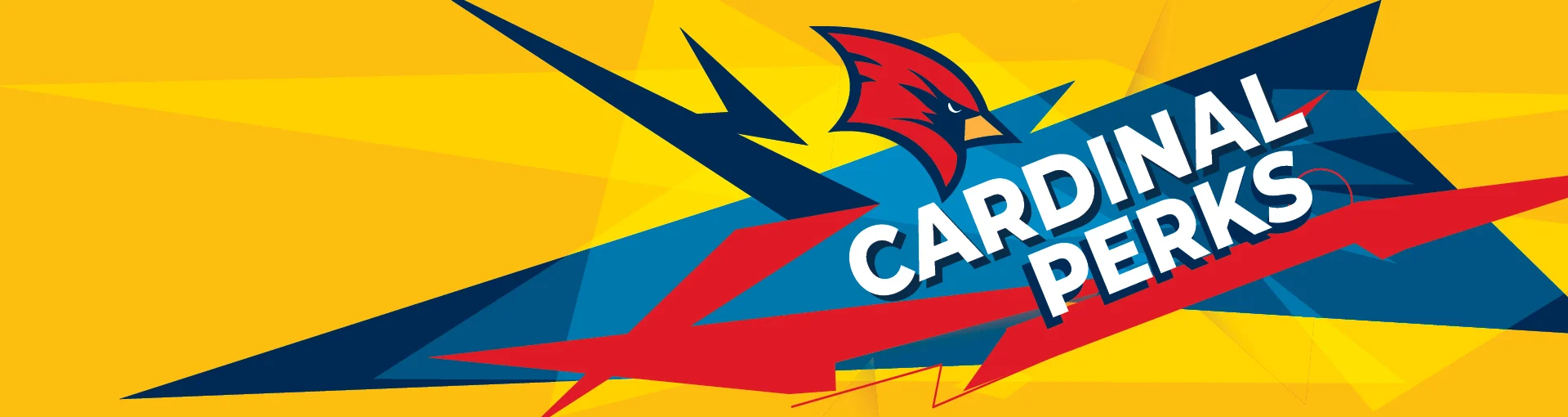 Saginaw Valley State University Cardinal Perks with logo and yellow, blue, and red lightning bolts.