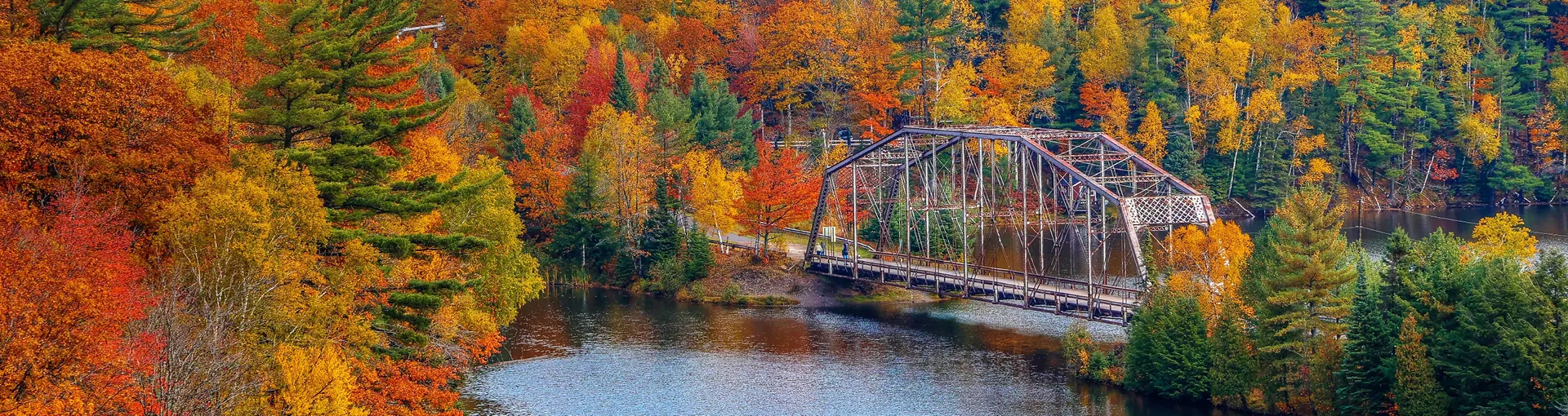Fall color trees surrounding an open canopy bridge over a lake in Michigan.