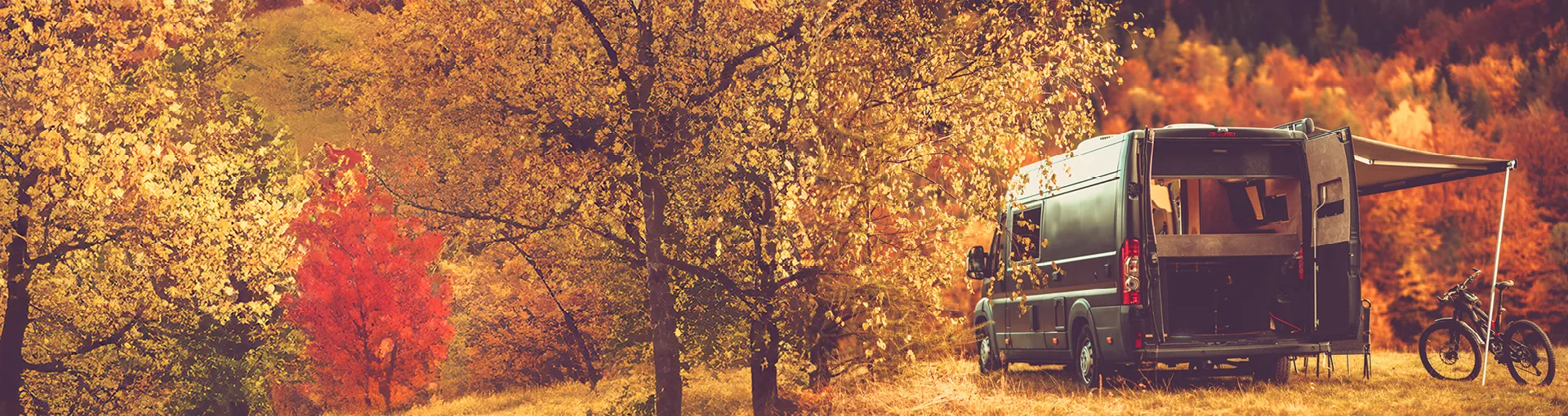 Camper van parked on a hill with fall trees around and mountain bike outside of it.