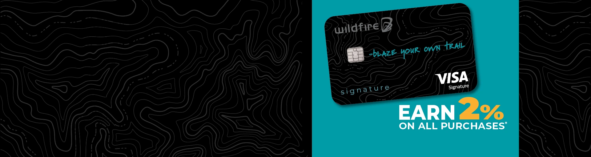 Premium Signature credit card on a teal and black topo background and 2% on purchases.