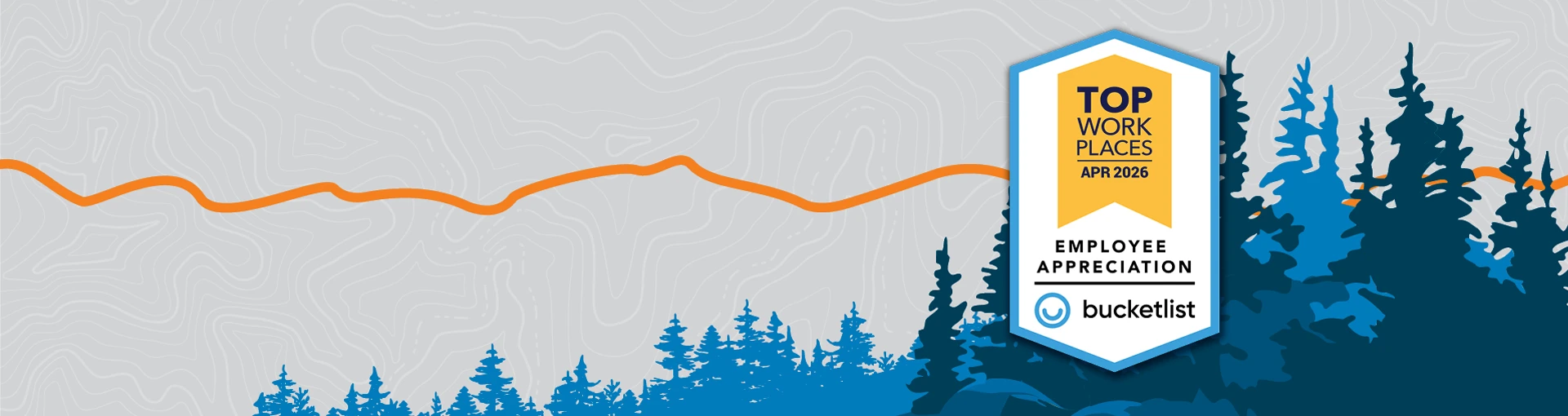 Badge on gray topo grid with orange line and blue pine trees showing Wildfire as top work places in April 2026.