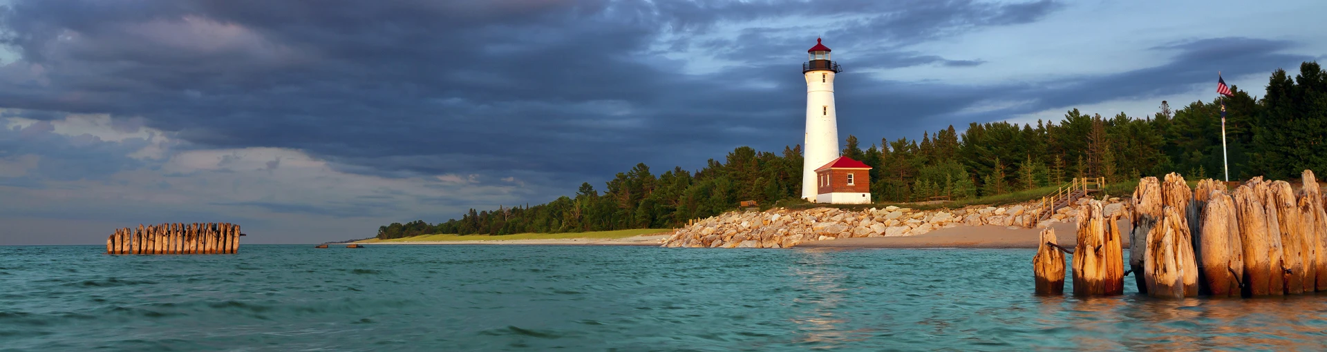 Crisp Point Lighthouse on the shore of Lake Superior in the Upper Peninsula.