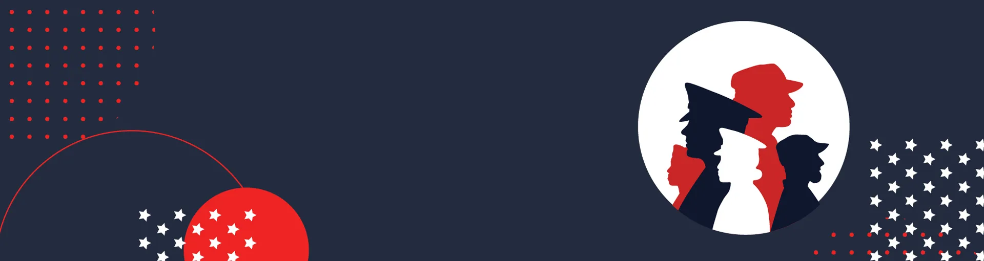 Navy background with red and white stars and service man and woman outlined.