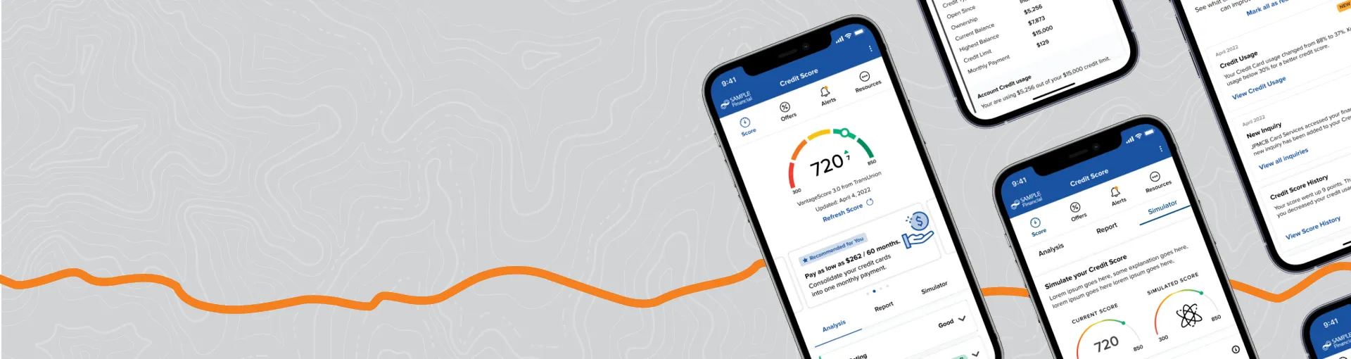 Phones on gray topo background with SavvyMoney loaded on them.