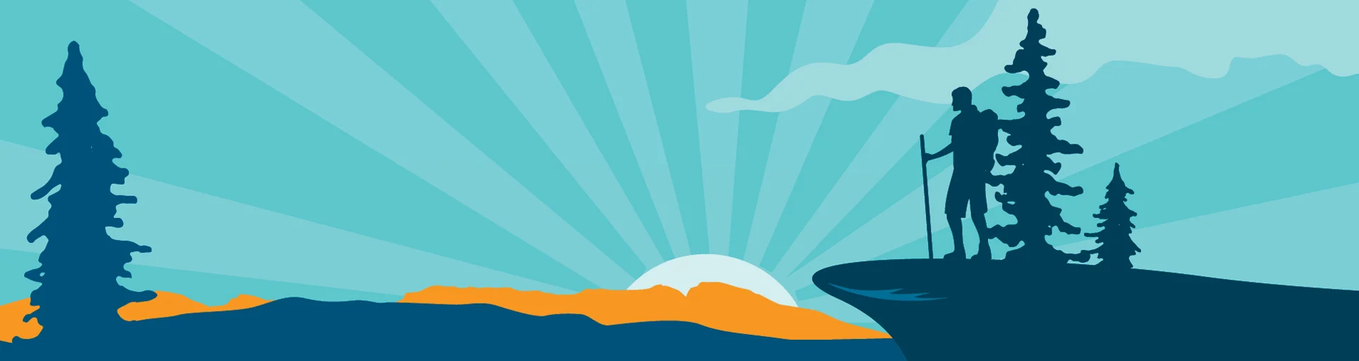 Silouette of Animated Man with backpack and stick overlooking a sunset from a mountain peak.