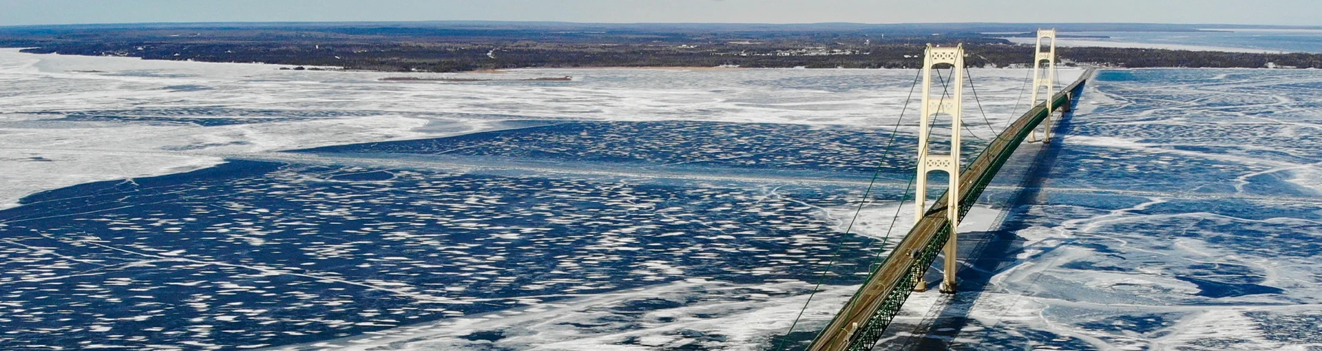 Aerial photo of the Mackinac Bridge during winter in Michigan.