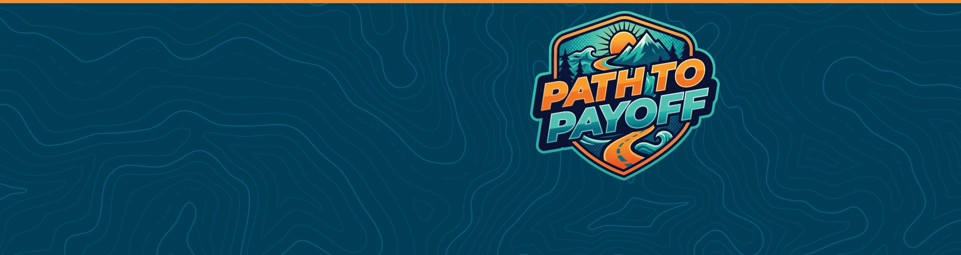 Navy topo background with the Path to Payoff badge with mountains and road in orange and teal.