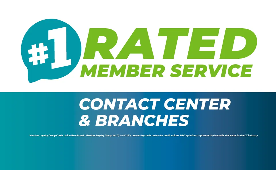Blue and white background showing #1 rated member service contact center and branches.