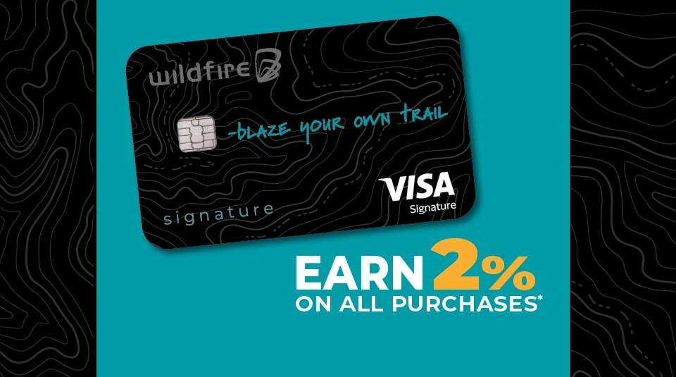 Signature credit card on a teal and black topo background and 2% on purchases.